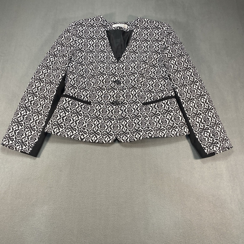 Tahari Women's 12 Jacket Black White Floral Print 2‎ Button Front Office Work